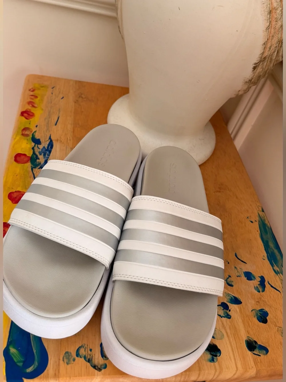 adidas Women’s Adilette White Grey Metallic Platform Slides Size 8